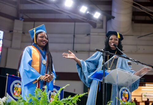Ahnora Ozor receiving the Founder's Medal from President of Prince George Community College, Falecia D. Williams.